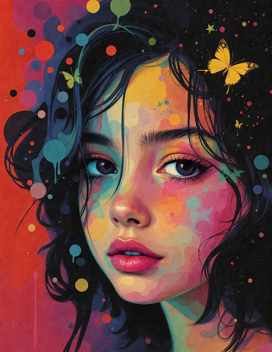 The primary subject of the image is a woman with long hair, painted in a vibrant and colorful manner. The setting is a colorful background, which adds to the overall visual style. The woman's eyes are open, and she appears to be looking at the viewer. The colors and mood of the image are lively and energetic, with a focus on the woman's beauty and the vivid colors of the background.